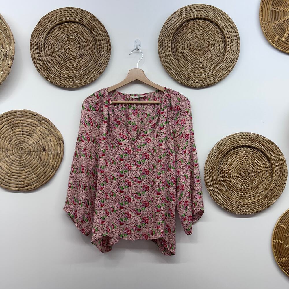 $195 Tucker Pink Floral Silk Blouse Small Button Up Beige Green Feminine Flower